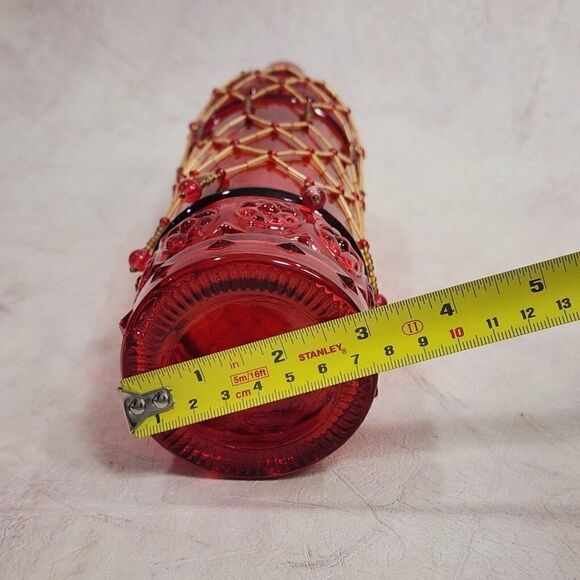 Vtg Red 12.75" Tall Glass Bottle w Hand Beaded Detailing - Picture 8 of 10
